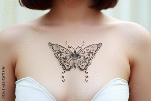 Black butterfly tattoo on skin. Black butterfly tattoo on chest. Woman's tattoo, butterfly. Flower tattoo. Tattoo ideas for women. Tattoo parlor. Tattoo artist profession.​