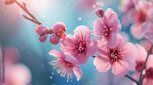 Japanese plum blossoms. Japanese plum blossom close-up. Pink Japanese plum blossoms