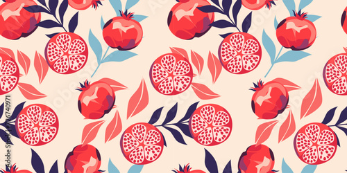 Seamless pattern with pomegranate fruits and seeds illustration. Design for cosmetics, spa, pomegranate juice, health care products, perfume, paper, cover, fabric, interior decor. Trendy background.