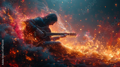 Man Playing Guitar in Front of Fire