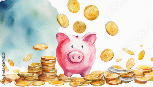 Coins flying and floating to piggy bank, copyspace on a side, watercolor art style