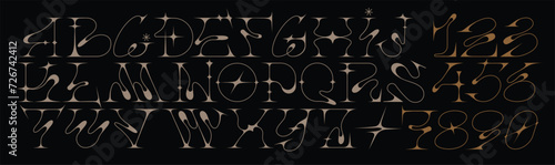 Y2k liquid font. Gothic alphabet with star shapes. Acid form . Trendy number and letter design. Sparkle figures. Neotribal emo style lettering. Fine line and sharp edges, inspired by metal music