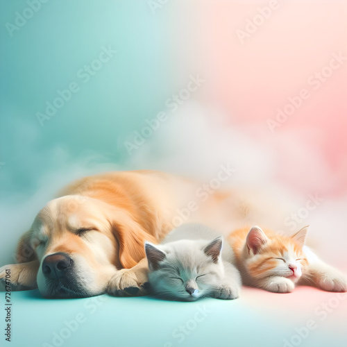 Dogs and cats sleeping in pastel colors with a solid background and fog effect