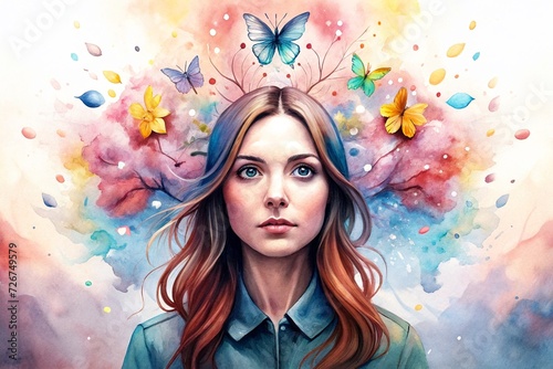woman abstract mental health, Mental health and creative abstract concept, Colorful illustration of Happy woman head with flowers and butterflies, Mindfulness and self care idea.