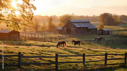  a group of horses in a fenced in area with a barn in the background and trees in the foreground.
