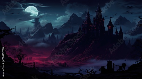 Vampire Castle on a Moonlit Night: Dark and Haunting Illustration of Dracula's Lair