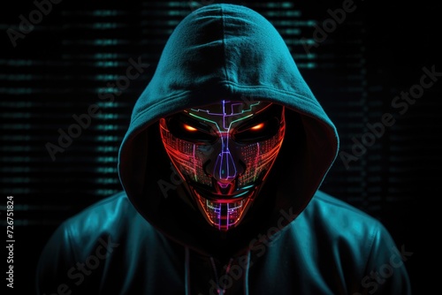 Neon Mask Hacker: Portrait of Anonymous Cyber Criminal in Dark Background