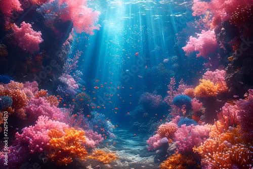 A whimsical underwater world with vibrant coral reefs and luminescent sea creatures. Created with generative AI.