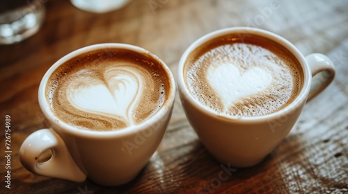  two cups of coffee on a table with a heart drawn in the foam on the top of the mugs.