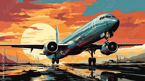  Colorful illustration of an airplane taking off in the sun. Air flight, tour, happy trip, flight, travel packages, booking, buying air tickets. The plane takes off at the airport art in pop art style