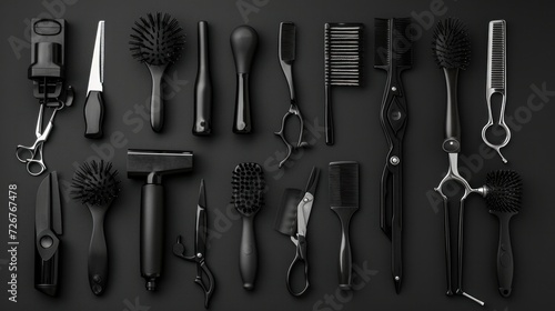 Big Set Of Professional Black Barber Tools. Barber Shop. Hairdresser Concept