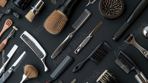 top view of various professional barber tools on black background