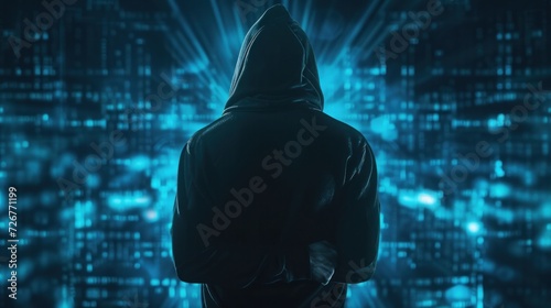 Unrecognizable hacker in black hoodie standing over dark blue background with double exposure of immersive data protection interface. Concept of cyber crime