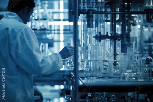 A professional in a lab coat engaged in analytical research among glass apparatus.