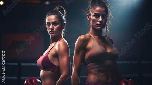 Two female boxers in sportswear and boxing gloves, serious and ready. Concept of female strength, teamwork, and readiness in sports.