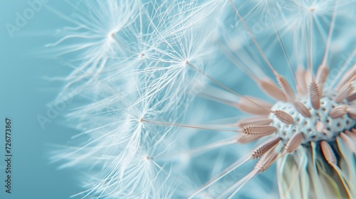 Dandelion fluff with pastel blue color. Abstract background. Concept of delicate beautiful backdrop, serene and calmness, dandelion seeds