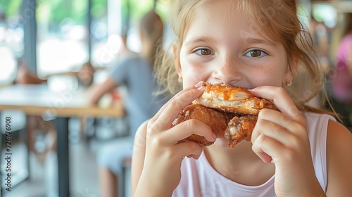 Happy preteen enjoying chicken wings in a restaurant with blurred background and copy space