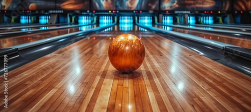 Bowling ball crashing into pins on alley in sport competition or tournament concept