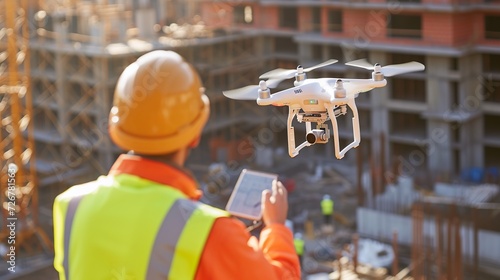 Drone operated by construction worker on building site 