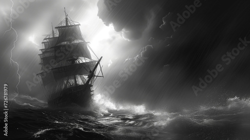 Ein klassisches Schiff trotz einem Sturm und fährt durch die See
