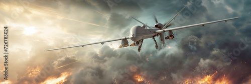 Generic Unmanned aerial vehicle drone launching missiles to military target as wide banner
