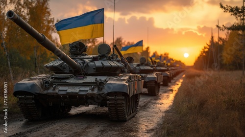 a column of military equipment, tanks and combat vehicles moves along a field road. Ukrainian flag on a tank