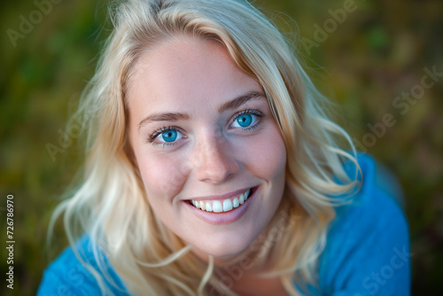 Portrait of smiling very attractive Swedish woman with blonde hair and blue eyes