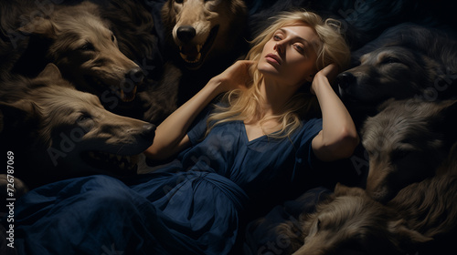 starry night a blonde woman is exhausted surrounded by wolves --ar 16:9 