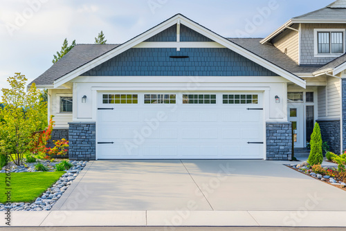 Garage door background. A typical American white garage door with a driveway in front