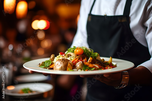 Waiter carrying plates with food, Restaurant serving, modern food, decorating meal, meat and vegetables dish, wedding, festive event, party ,blur background, close Up of food stylish,blurry background