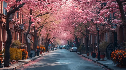 Beautiful blooming trees in street city. AI generate illustration