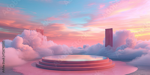 a pink podium with a round glass top on pink clouds sky background, 3d product sky platform display cloud pastel scene render stand dreamy space studio pedestal smoke showcase