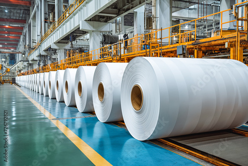 Large rolls of paper at a paper and cardboard production plant. Finished products. Rolls of paper for further processing.