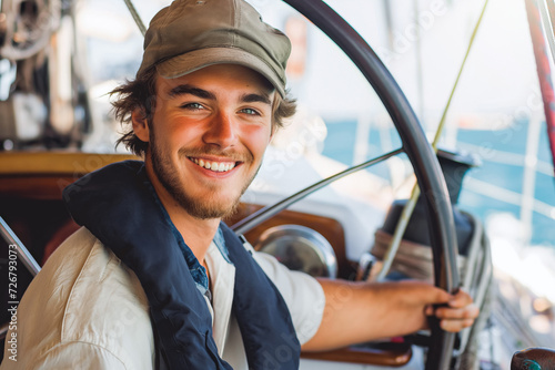 Smiling young man as helmsman on sailboat