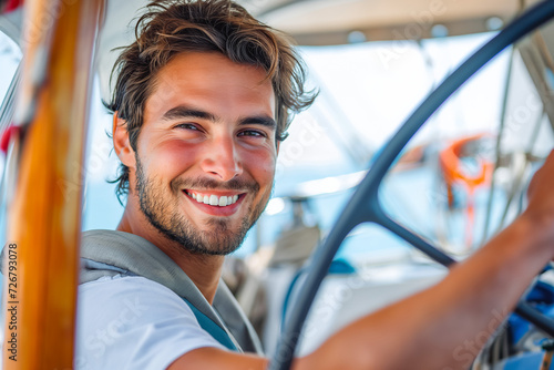 Smiling young man as helmsman on sailboat