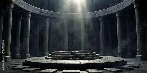 Dark room with columns and circular floor. for fantasy settings, mysterious themes, and architectural concepts, Background podium column 3d roman luxury greek white ancient display product classic.