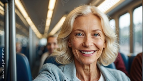Self-portrait of an elegant elderly blonde woman with blue eyes, wearing a grey blazer on a train, radiating sophistication and contentment.