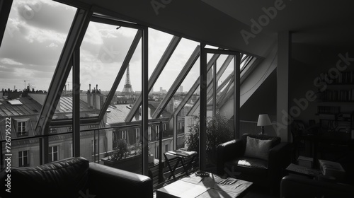 view from window, modern interior, Paris, roofs, 