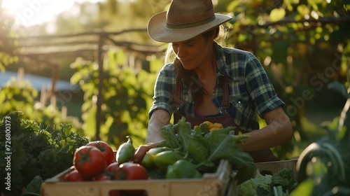 Vegetable farmer arranging freshly picked produce into a crate on an organic farm. Self-sustainable female farmer gathering a variety of fresh vegetables in her garden during harvest s : Generative AI