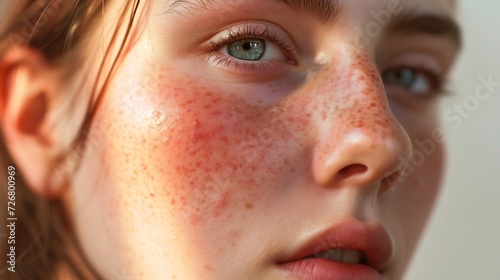 rosacea couperose redness skin, red spots on cheeks, young woman with sensitive skin, patient face close-up : Generative AI