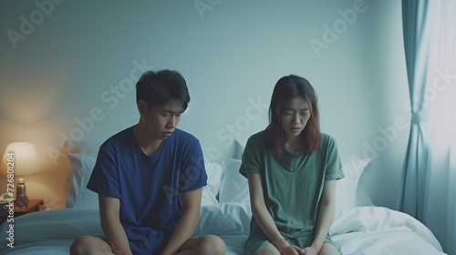 marriage problem relationship difficulties concept - asian young couple sitting separately on bed are sad after having argument and angry conflict : Generative AI