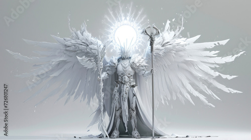 A regal seraph with a mechanical arm holding a staff its wings resembling the blades of a windmill and its halo emitting a bright white light.