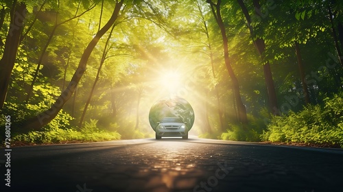 Eco car on forest road with earth planet going through forest, Ecosystem ecology healthy environment road trip travel, Eco car with nature, Electric car and earth EV electrical energy : Generative AI