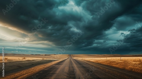 Storm clouds gather over a road that leads into the distance, creating a very dramatic landscape North Dakota, United States of America : Generative AI