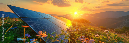 solar panels in a sunny field with flowers,solar energy building panel future electric engineer technology ecology sunset nature station 