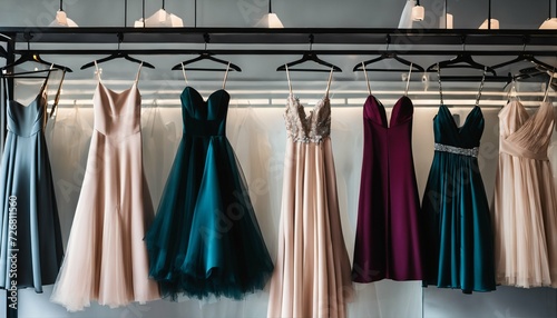 Elegant formal dresses on display in a luxury boutique, featuring prom, wedding, and evening gowns - options for rent for various events