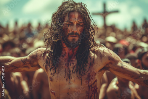Passion of Christ on Good Friday, humiliated and insulted in the streets of Jerusalem, covered in blood and sweat for the cross