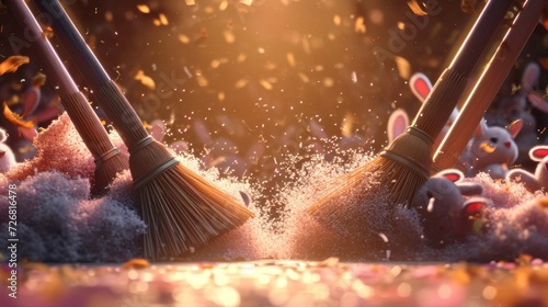 A closeup of two brooms locked in an intense staring contest surrounded by a crowd of cheering dust bunnies. The caption reads Cartoon scene of the ultimate broom
