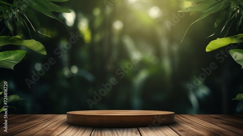 Empty round wooden display stand with a lush tropical foliage backdrop, ideal for product presentation.