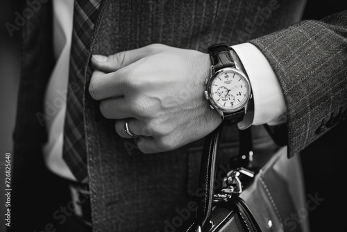 man in a suit and tie holding a briefcase and looking at his watch, in the style of business, professional, confident